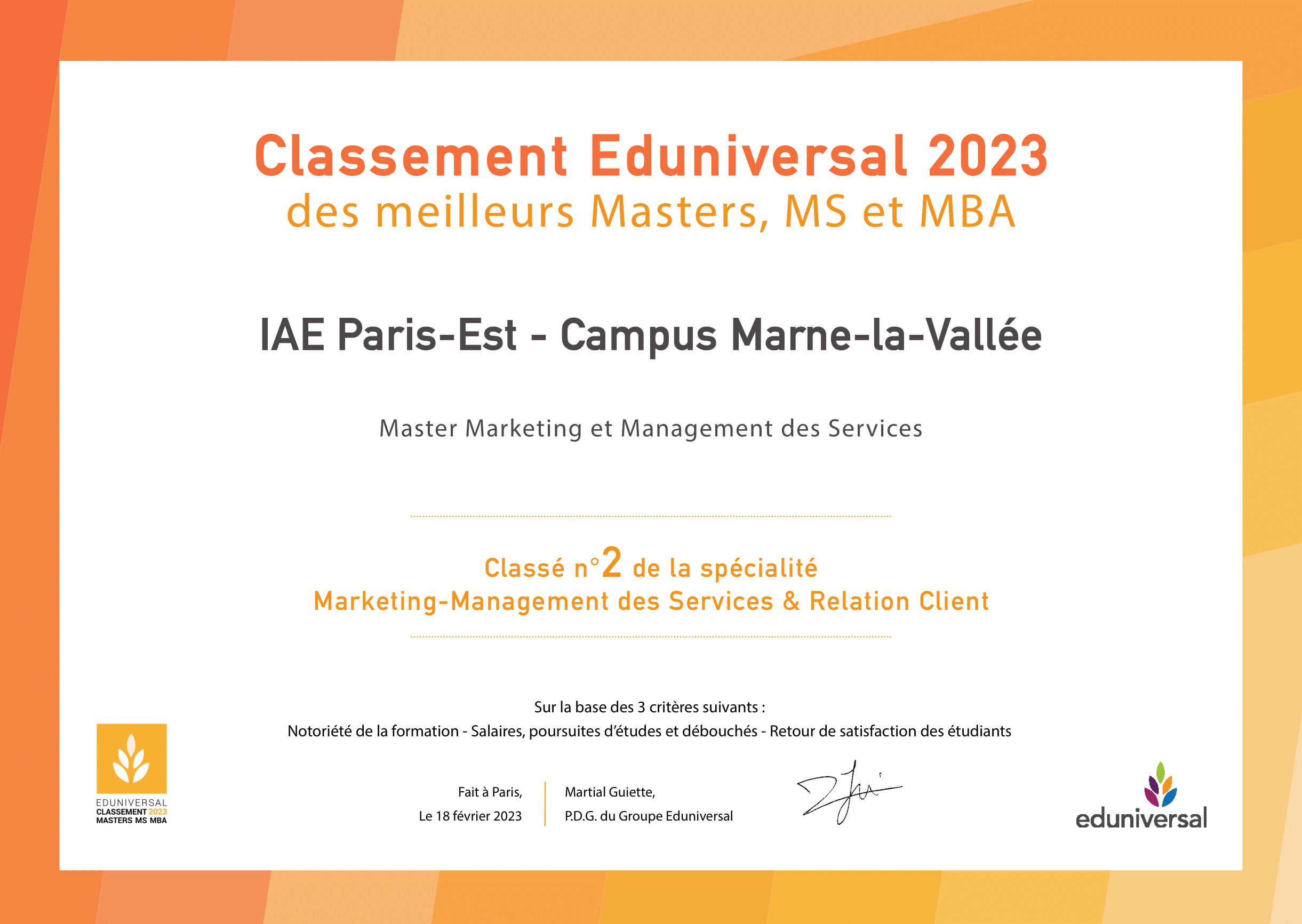 Diplôme National Eduniversal MMS Marketing et Management des Services 2023